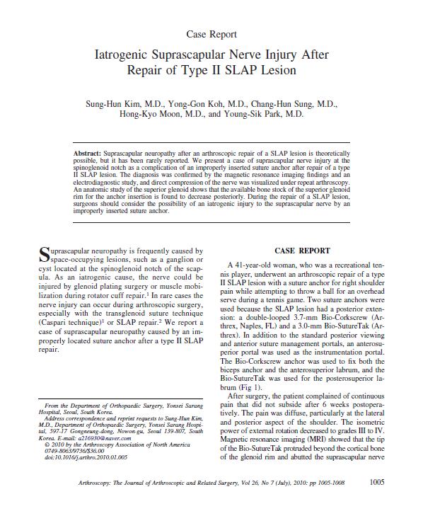 Iatrogenic Suprascapular Nerve Injury After Repair of Type II SLAP Lesion 게시글의 1번째 첨부파일입니다.