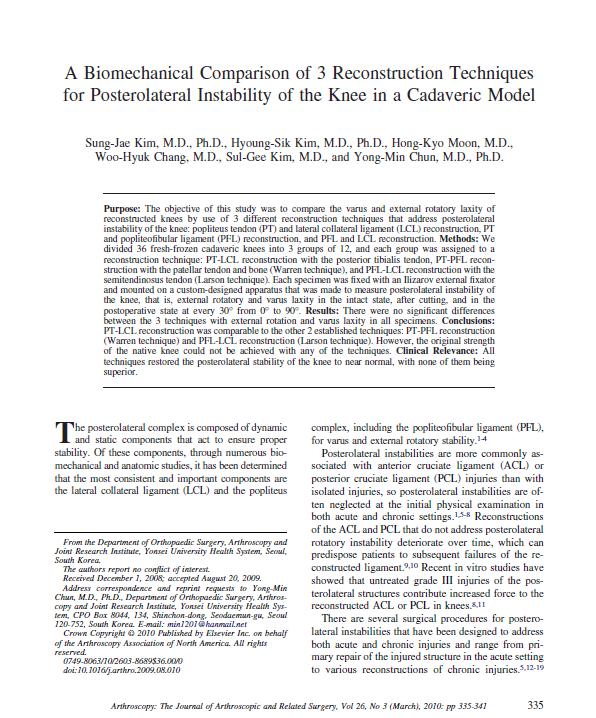 A Biomechanial Comparision of 3 Reconstruction Techniques for Posterolateral Instability of the Knee in a Cadaveric Model 게시글의 1번째 첨부파일입니다.