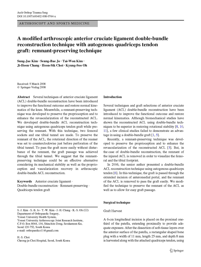 A modified arthroscopic anterior cruciate ligament double-bundle reconstruction technique with autogenous quadriceps tendon graft: remnant-preserving technique 게시글의 2번째 첨부파일입니다.